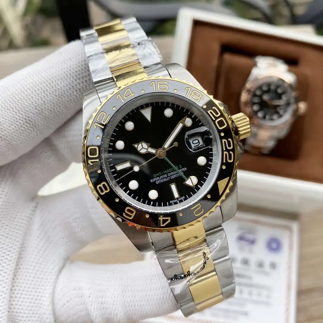 40mm Yellow Gold NH34 GMT Automatic Watch For Men Ceramics Grey Black Bezel Sapphire Glass Luminous Dial Waterproof