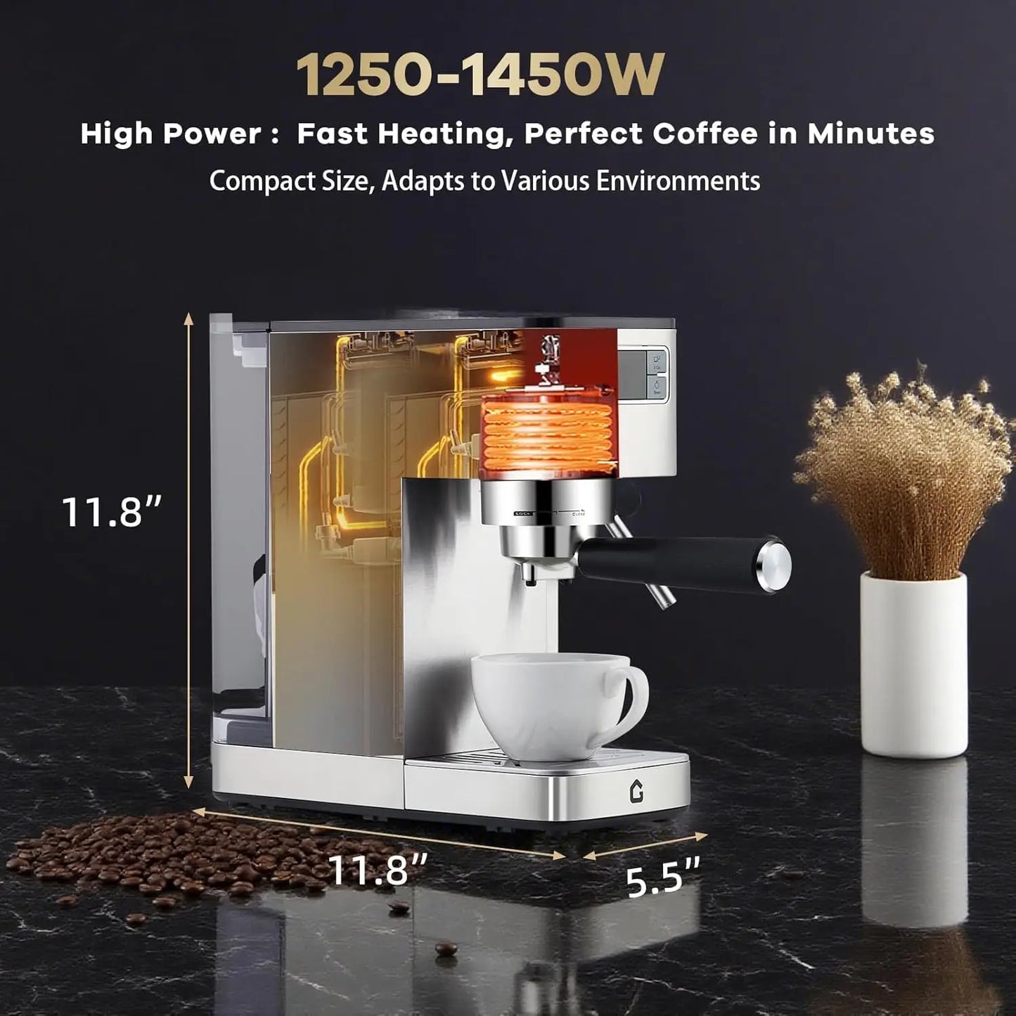 Espresso Machine 20 Bar Semi-Automatic Stainless Steel Adjustable Grinder/Steam Milk Frother Compact Home Ofiice Coffee Maker
