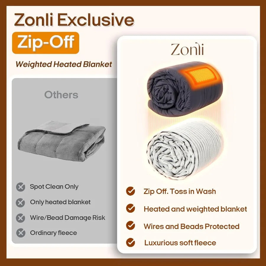 2-in-1 Weighted Heated Blanket for Back Pain Heated Weighted Blankets 60x80 15lbs 6 Heating Levels 1-10H Auto Off Soft Ribbed F