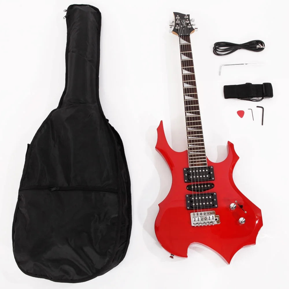 Red Flame Shaped Electric Guitar with 20W Electric Guitar Sound HSH Pickup Novice Guitar Bag Strap Picks Shake Cable Wrench Tool