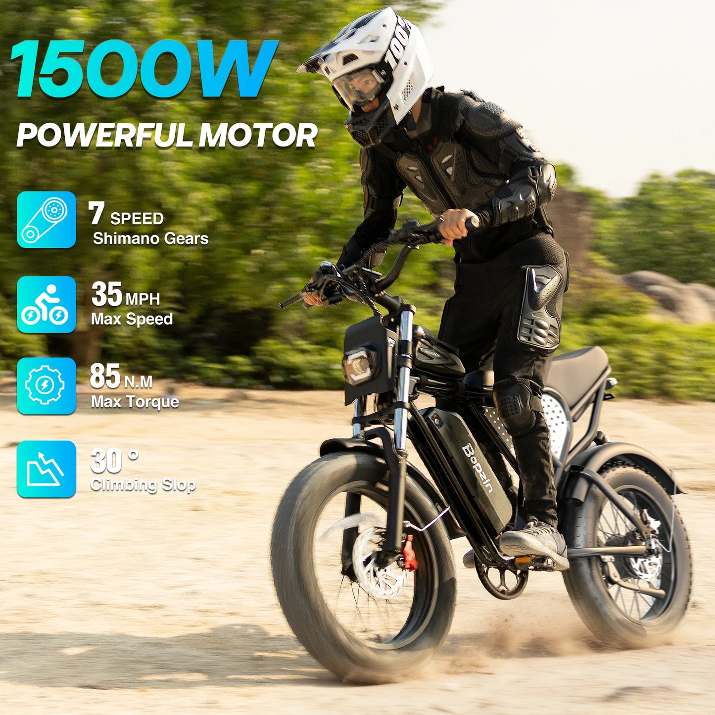 BOPZIN M22 Electric Bike 1500W 33MPH 48V 20AH 20x4.0" Fat Tire Dirt Bike Shimano 7-Speed E-Bike for Adults Commuter Motorcycle