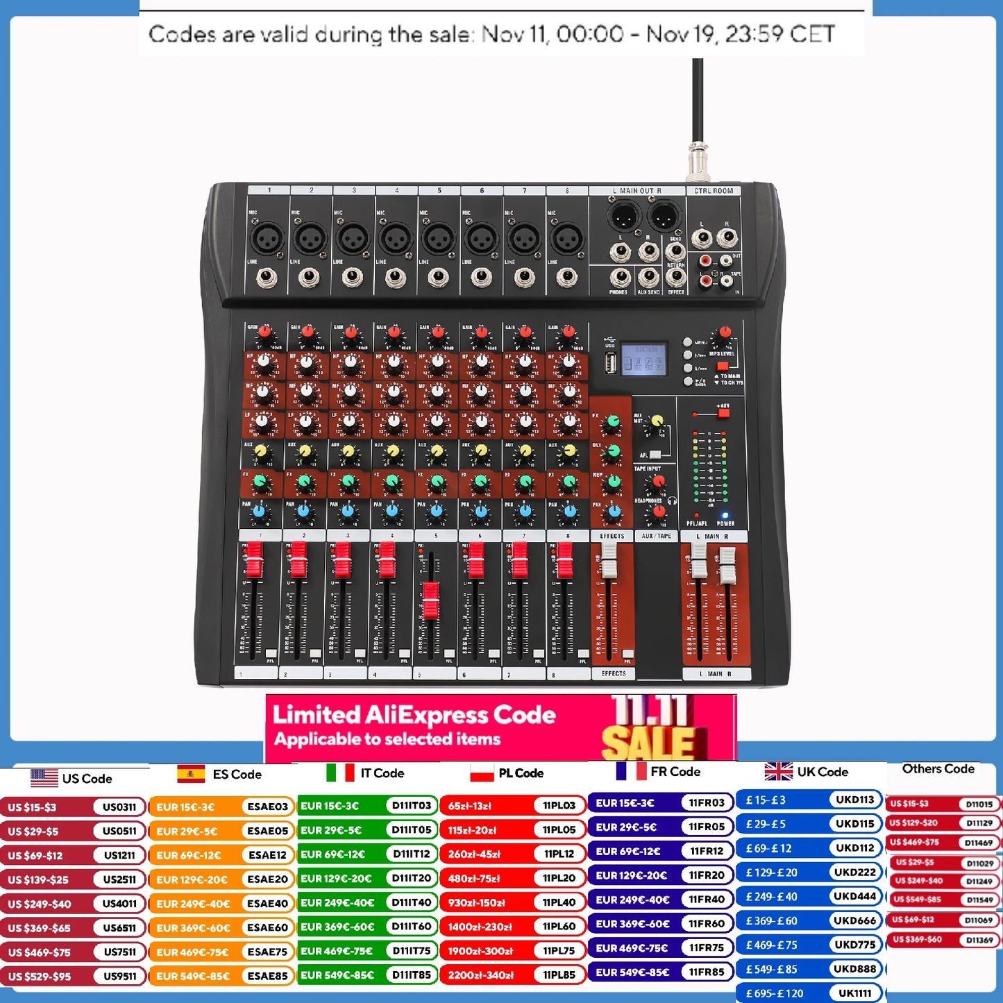 7/8-Channel Professioneller Mixer, Soundboard Konsole with Bluetooth USB PC Recording Input XLR Microphone Jack