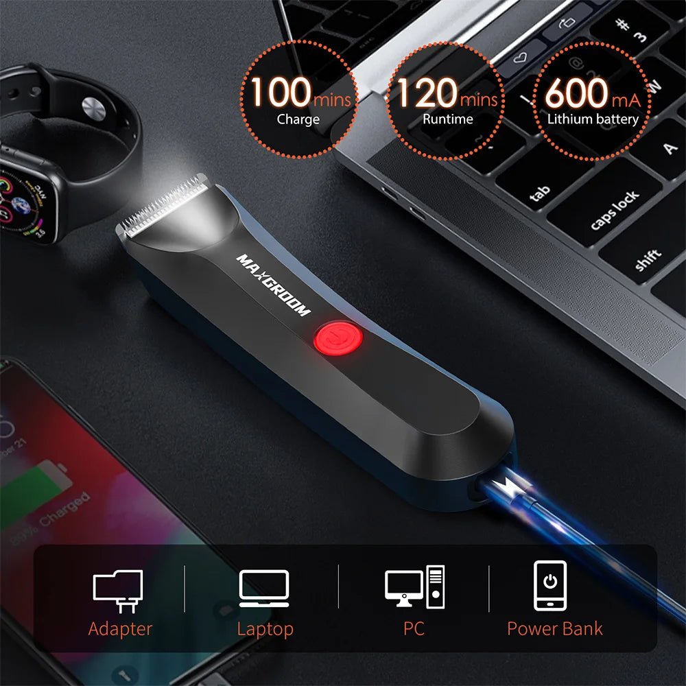 MAXGROOM Man Body Hair Trimmer IPX7 Waterproof Pubic&Groin Hair Groomer Electric Ball Shaver with LED Light Rechargeable Trimmer