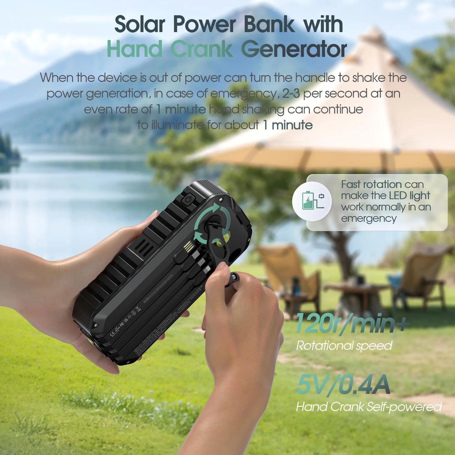 40,000mAh Solar Power Bank with Hand Crank & 4 Cables,Dual UsB/Type-C Fast Charging, Bright LED Light, Built-inCompass & Leveler