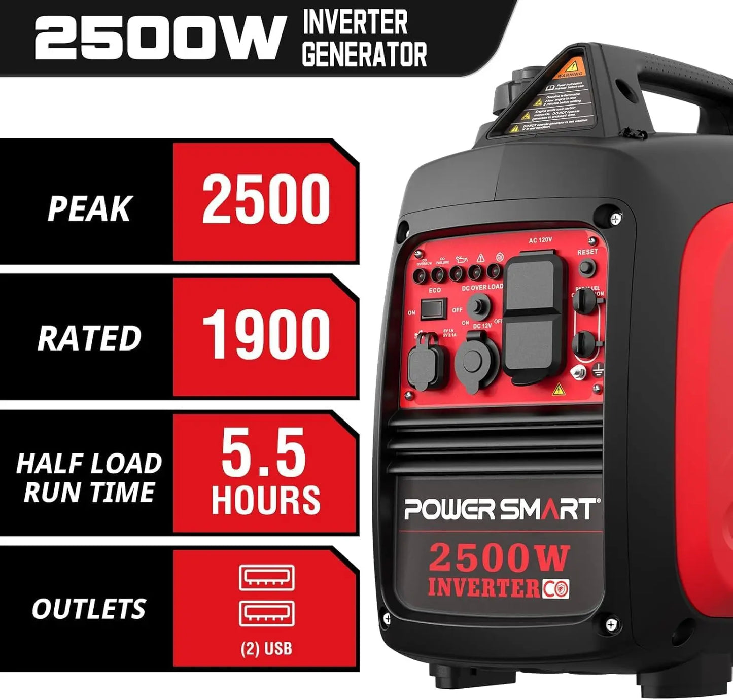 2500W Portable Inverter Generator with CO Alarm, USB Output, Quiet Operation for Home & Outdoor