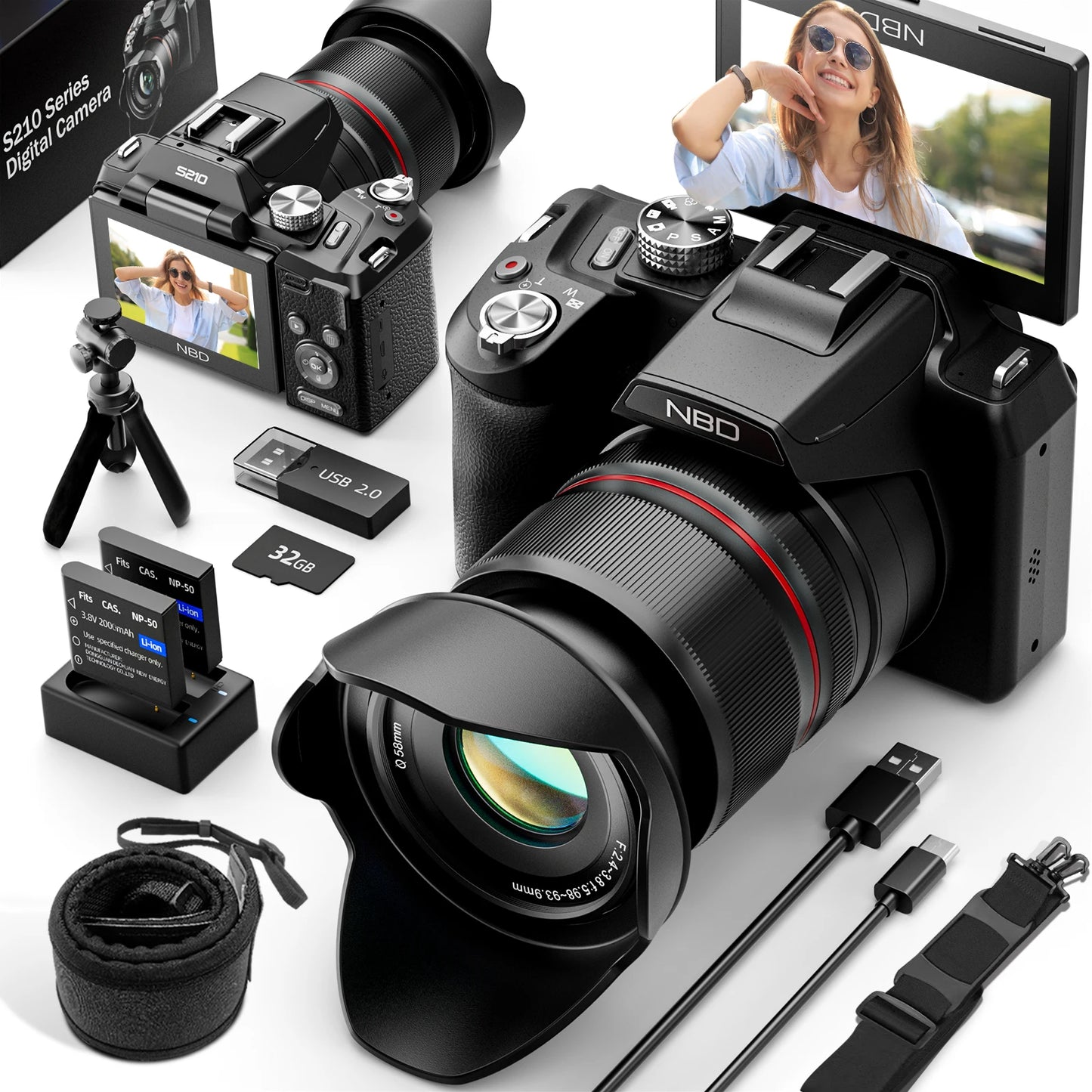 NBD 64MP Digital Cameras for Photography, 16X Optical Zoom Camera with WiFi & App Control, Vlogging Camera with 180°Flipable Scr