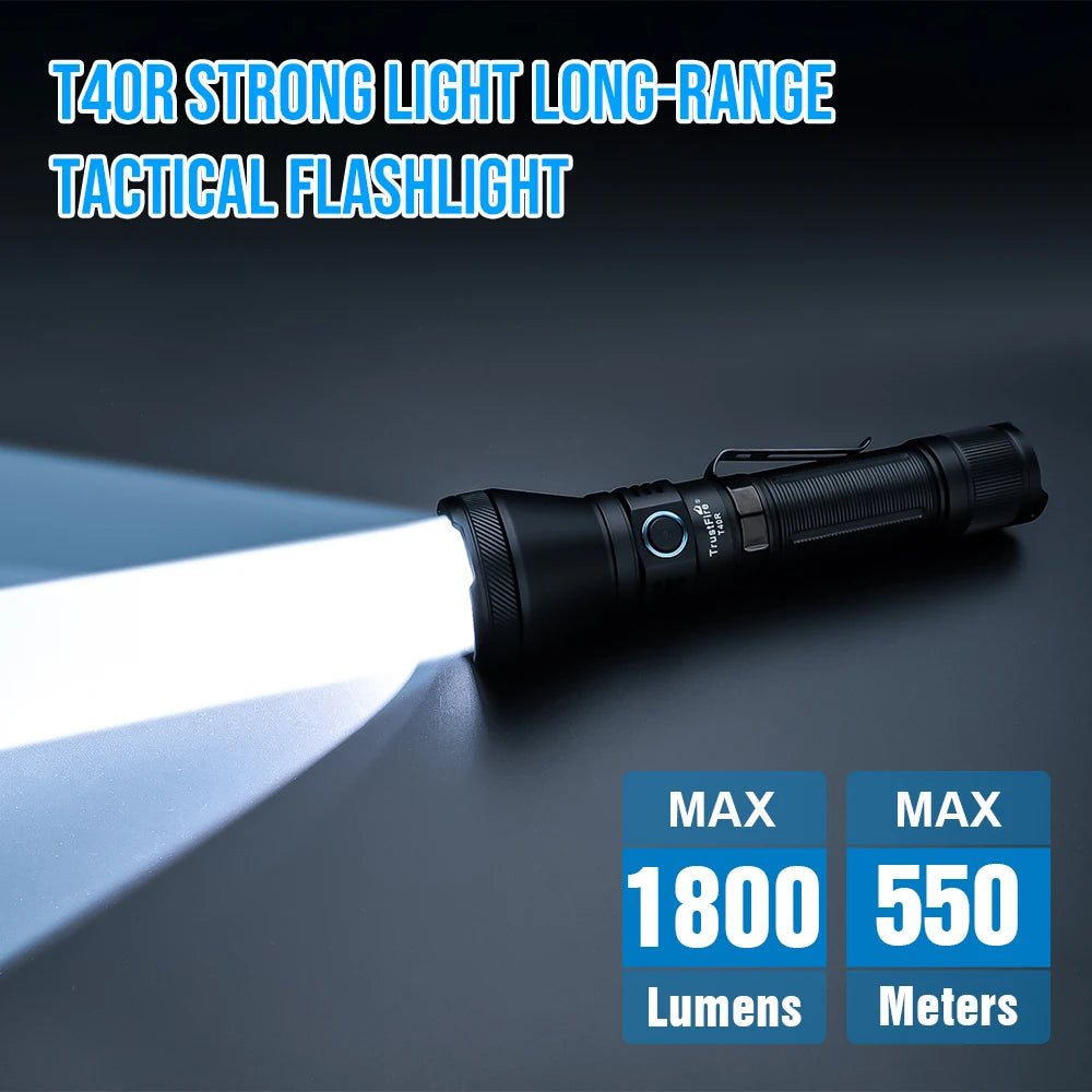 Trustfire T40R Army Tactical Led Flashlight 1800lumen 550meter Rechargeable 18650 Lamp With Usb Charging Self-Defense Ip68 Torch