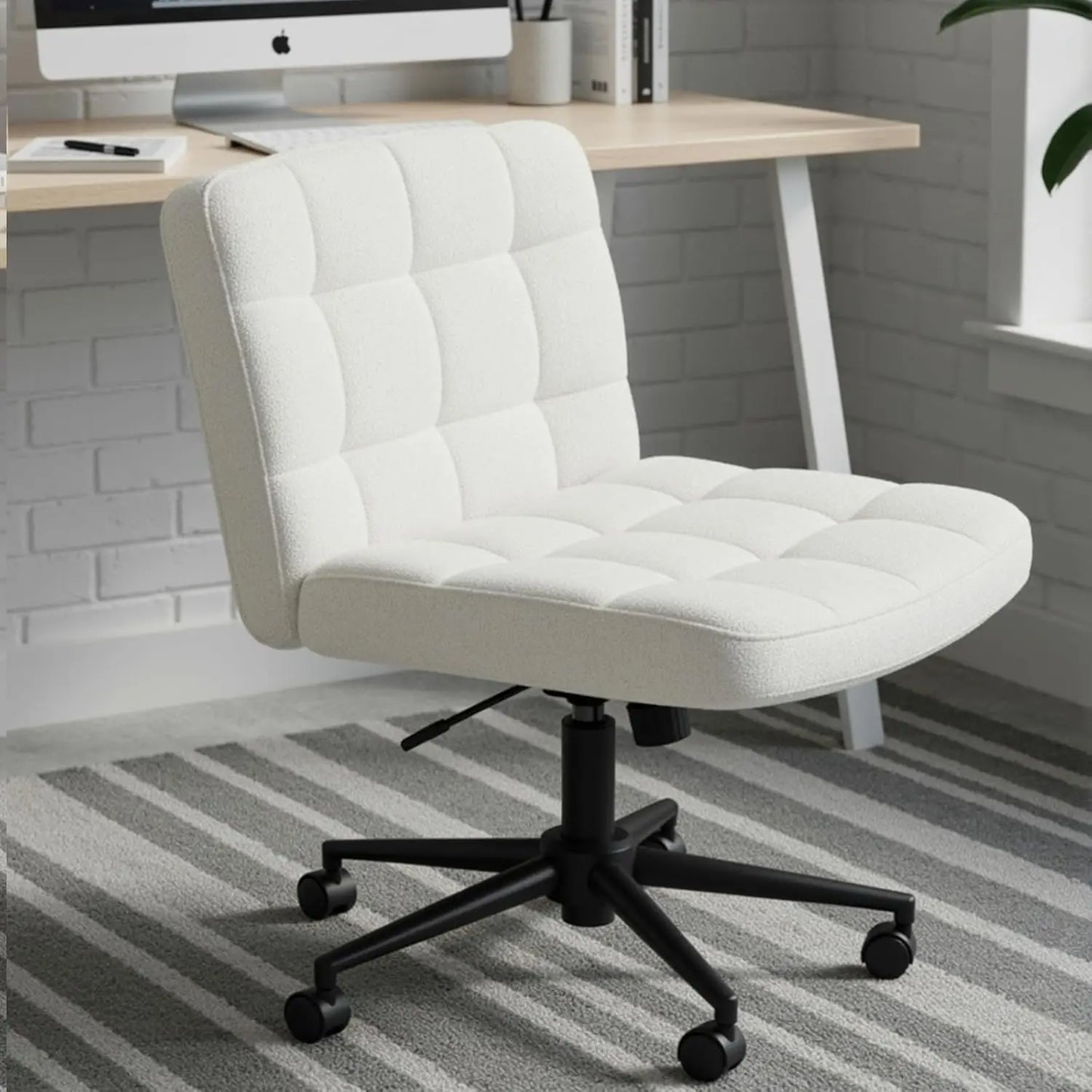 Criss Cross Legged Chair,Wide Comfy Office Desk Chair,Dual-Use with Wheels Computer Task Chair,Swivel Armless Vanity Rolling