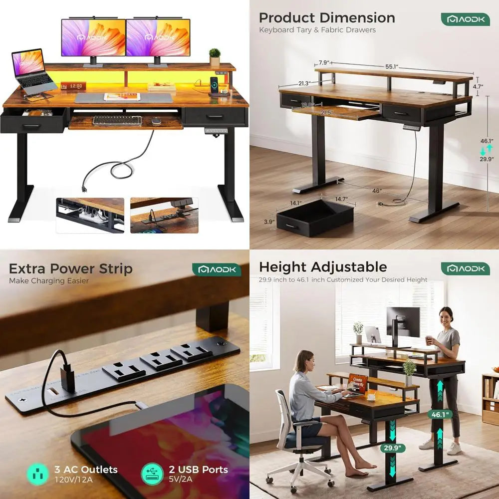 Electric Standing Desk with Drawers & Keyboard Tray, 55 Inch Height Adjustable Gaming Desk with Power Outlets & LED Lights, Sit