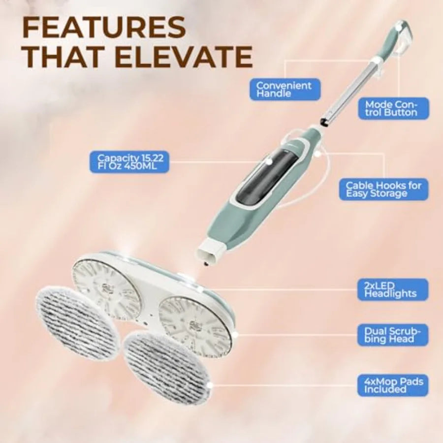 Steam Scrub Steam Mop All-in-One Hard Floor Cleaner with LED Headlights 4 Soft Scrub Pads 1L Water Tank Swivel Steering