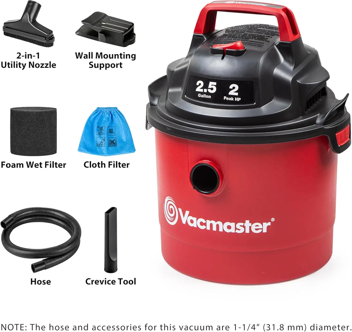 2.5-Gallon Wall-Mounted Wet/Dry Vacuum with 100 Air Watt Motor, Lightweight & Portable for Easy Cleaning