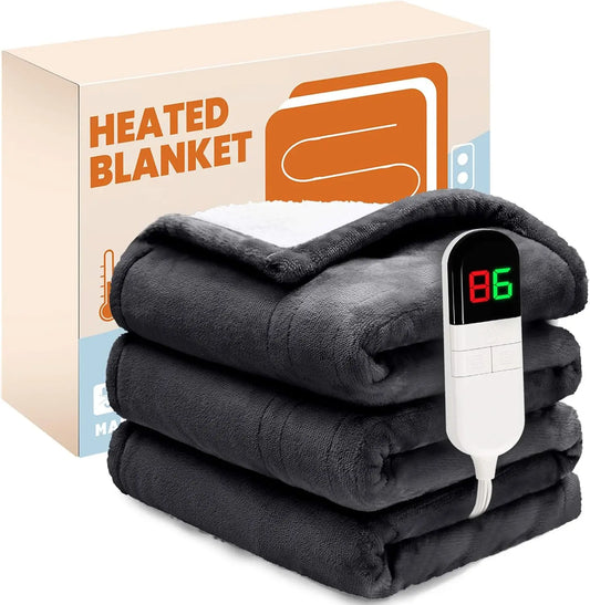 Electric Heated Blanket, Fast Heating with 6 Levels & Auto Off, Soft Flannel & Sherpa Throw 50x60 Inches - Grey