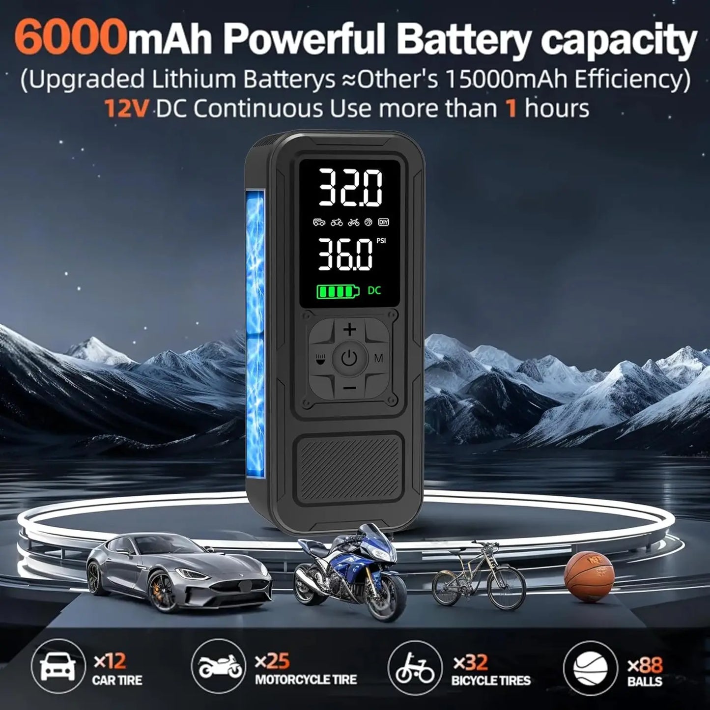 Y34 Portable Air Compressor, 4X Faster Inflation, 6000mAh, 150PSI with Digital Gauge & LED Light for Car, Motorcycle, Bike