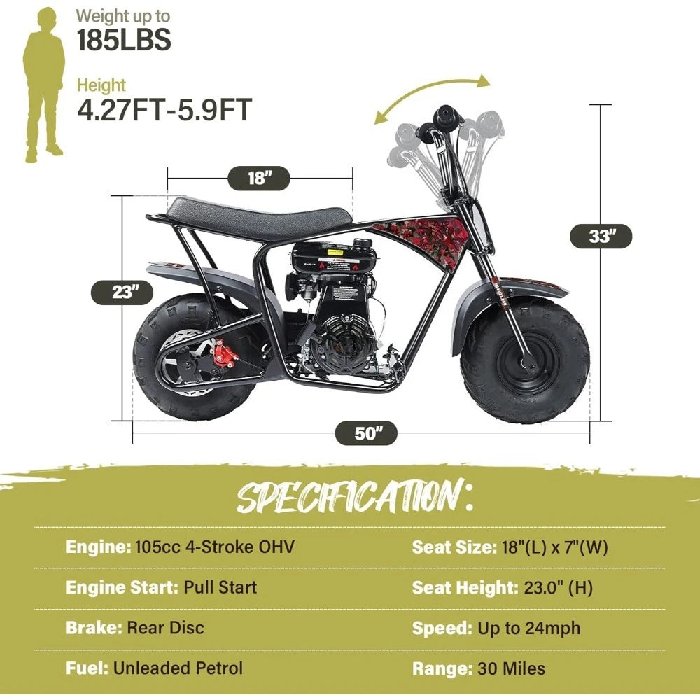 105cc 4-Stroke Dirt Off Road Trail, 28mph, Gas Powered Mini Bike with Automatic Transmission and Pull Start for Adult and Teens