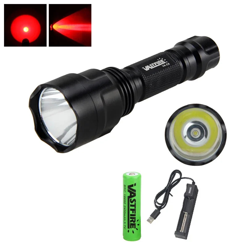 C8 LED Flashlight White/Green/Red Tactical Hunting Rifle Lantern+Pressure Switch+Rail Scope Mount+18650+USB Charger
