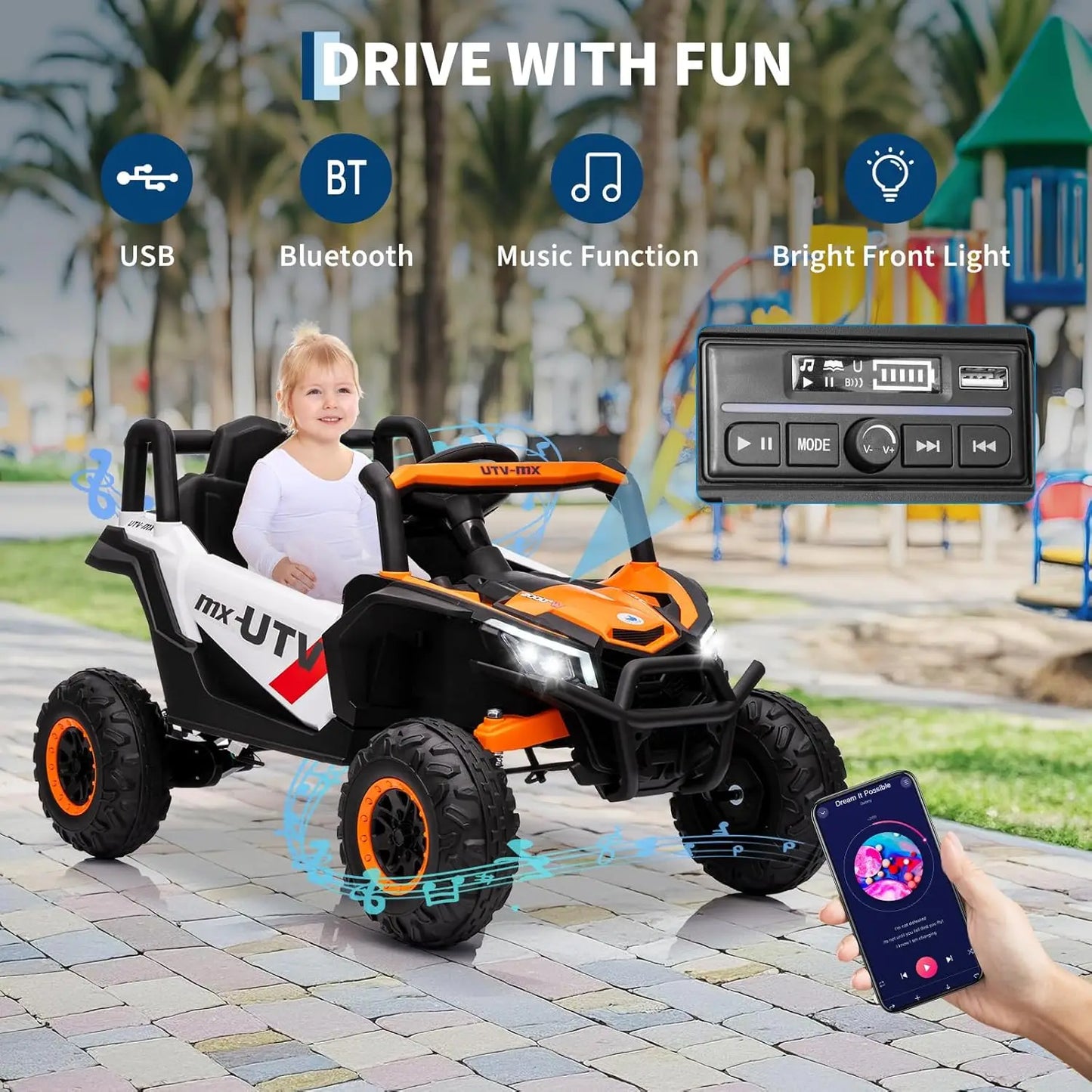 12V UTV Truck Kids Ride On Car Electric Vehicle with 4 Spring Suspension Remote Bluetooth,Music,LED Lights for Ages 3+ Years