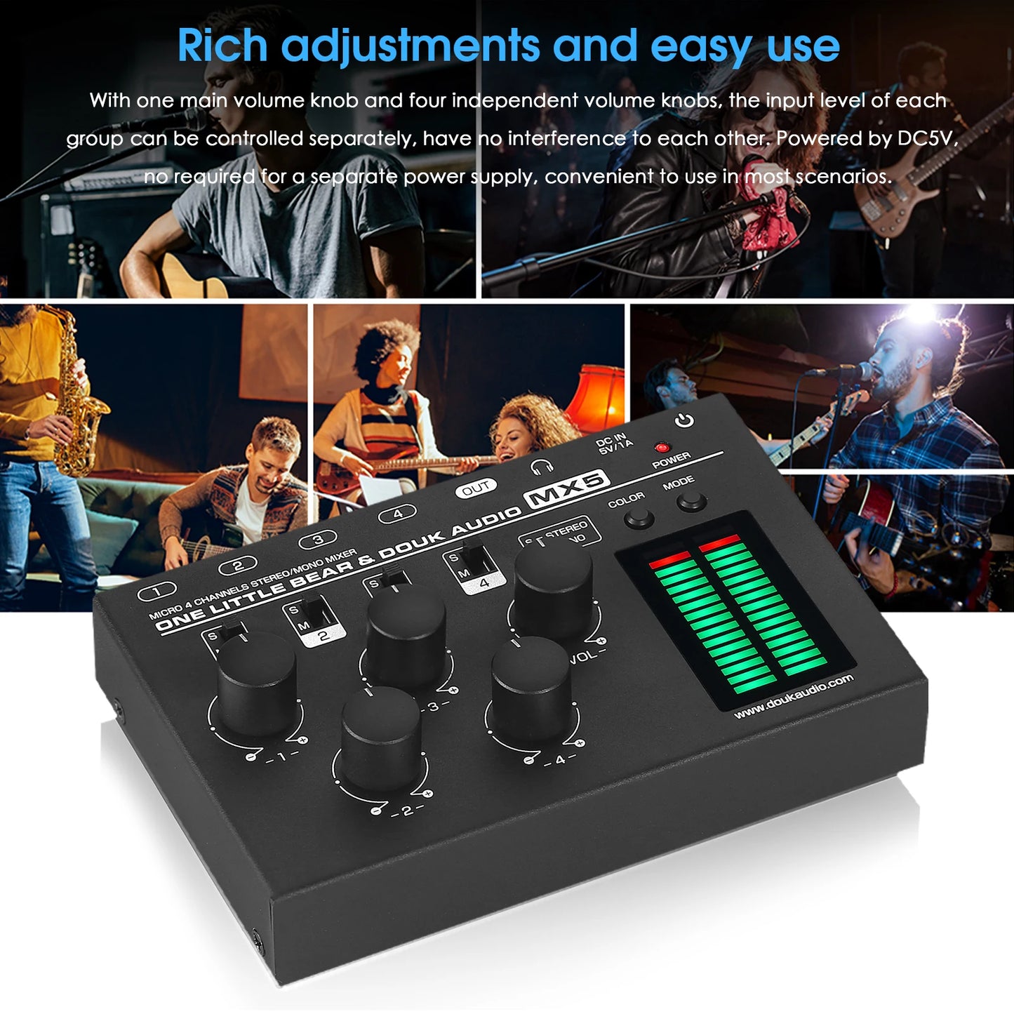 Nobsound MX5 Ultra Low Noise 4-Channel Stereo Audio Mixer Mini Stereo / Mono 6.35/3.5mm Mixer for Club/Studio/Bar