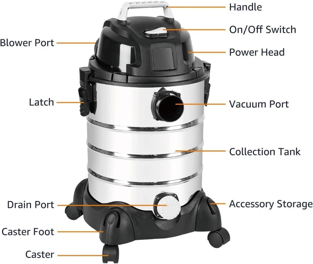 6 Gallon Wet Dry Vacuum Cleaner, 3.5 HP Stainless Steel Tank, Grey/Black for Home and Shop Use