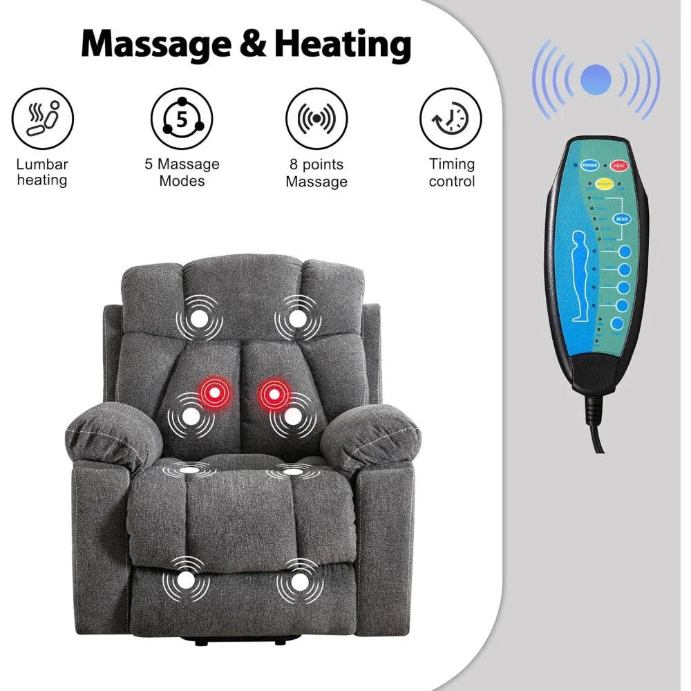 Phoenix Home Large Power Lift Recliner Chair with Massage and Heat for Elderly, Overstuffed Wide Recliners with 2 Cup Holders, S