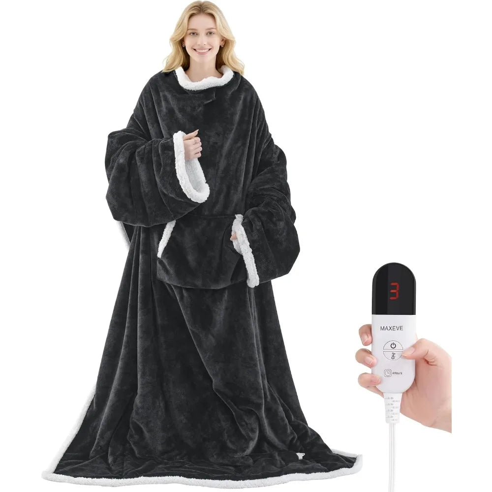 Wearable Electric Heated Blanket with Foot Pocket & Sleeves, 6 Heat Levels, Auto Shut Off, Machine Washable