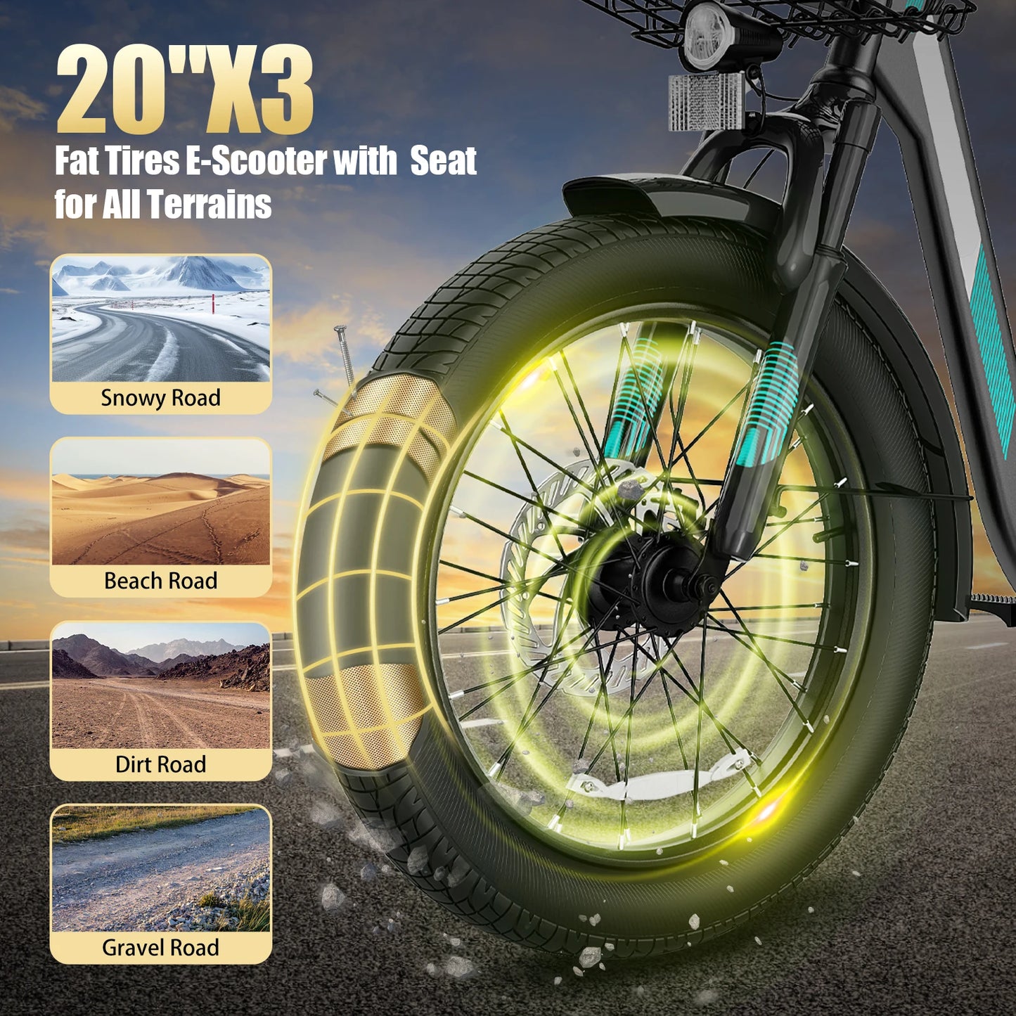 CAROMA Peak 560W Electric Scooter with Seat,20" Fat Tire E-Bike,Adult Scooter for Commuting with Basket&UL2272 1 Year Warranty