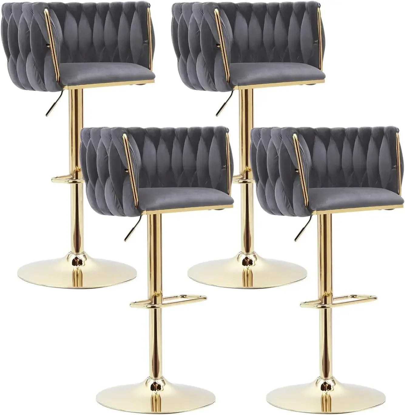 Velvet Bar Stools Set of 4 - Modern Adjustable Swivel Counter Height Chairs with Woven Back, Kitchen Island Chairs