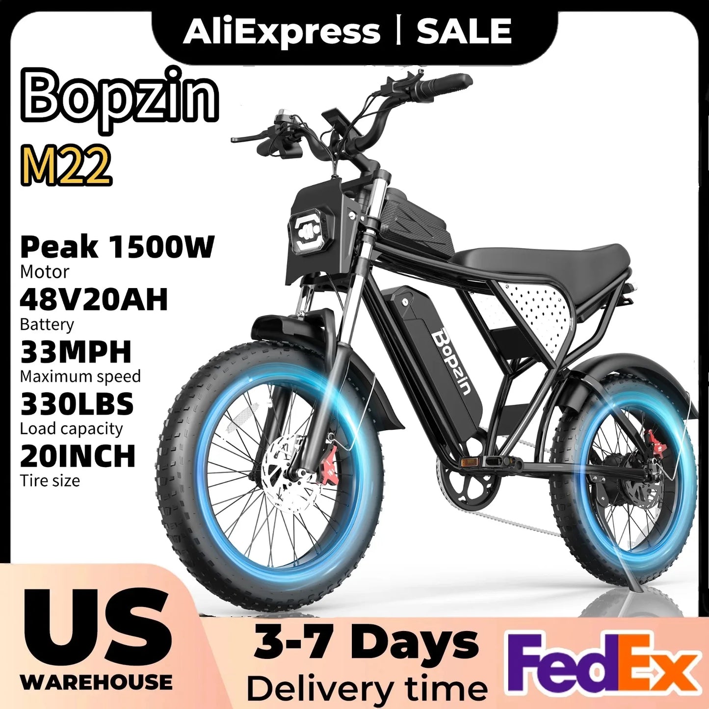 BOPZIN M22 Electric Bike 1500W 33MPH 48V 20AH 20x4.0" Fat Tire Dirt Bike Shimano 7-Speed E-Bike for Adults Commuter Motorcycle