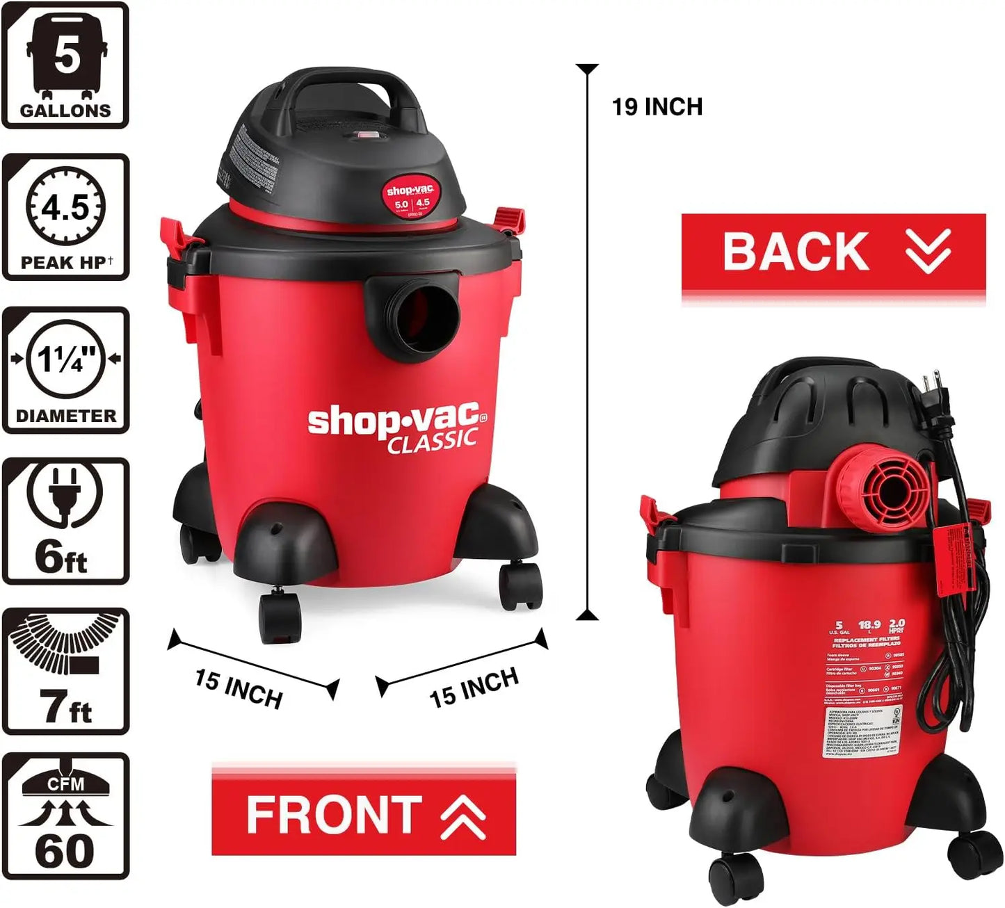 5 Gallon Wet/Dry Vacuum, 4.5 HP Portable Shop Vac with Attachments for Home, Garage, Car & Workshop