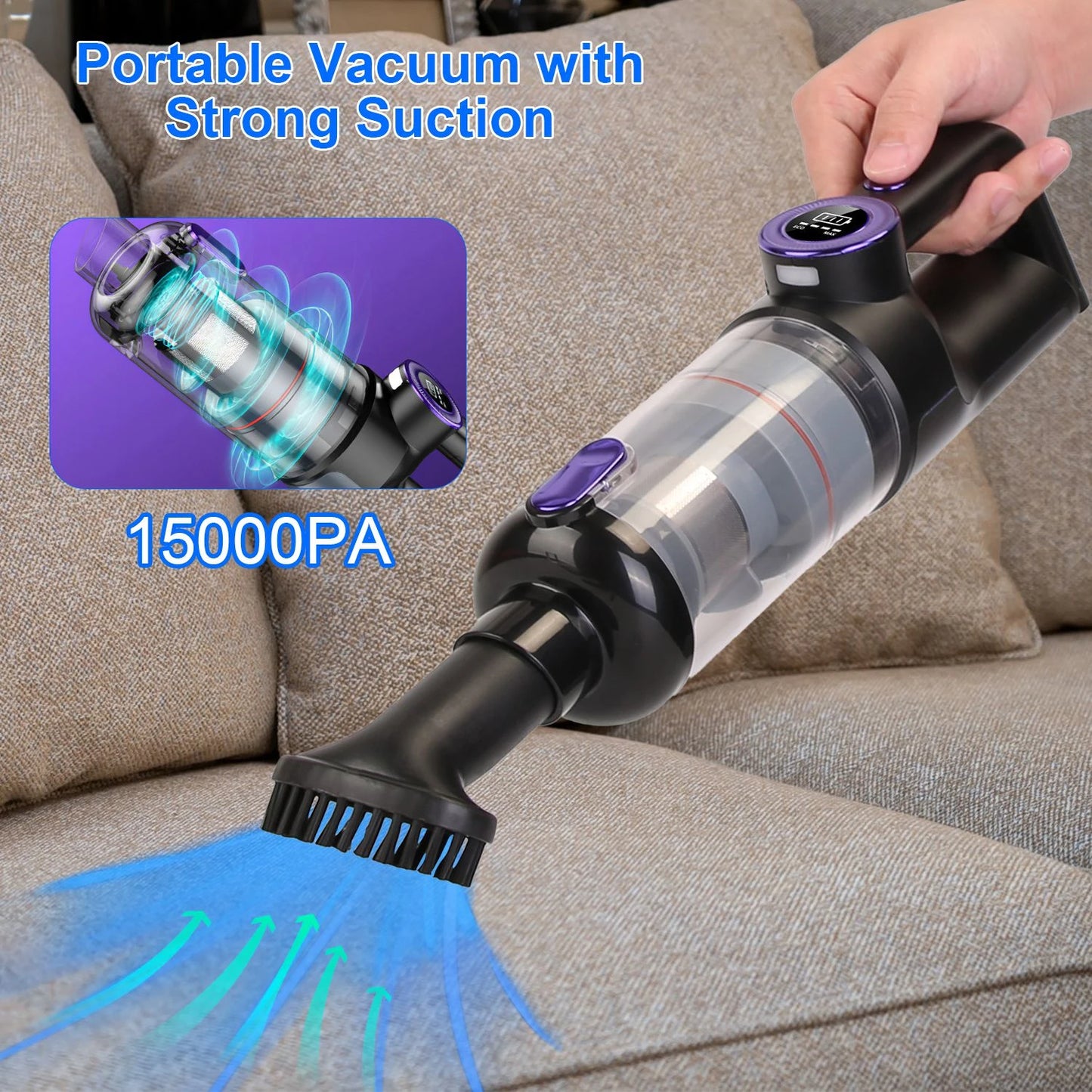 15000PA Handheld Vacuums Rechargeable LCD Display Multifunctional Low Noise High Power Cordless Car Vacuum Cleaner