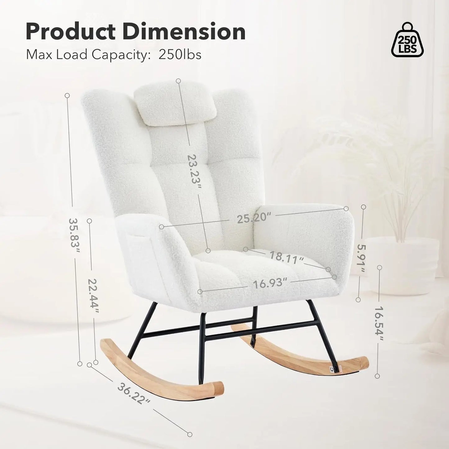 Modern Upholstered Nursery Rocking Chairs, with Side Pocket High Back Teddy Boucle Rocker Chair, Rocking Chair Backrest for Livi