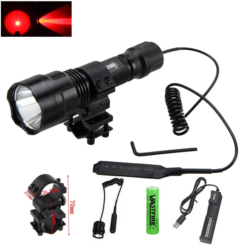 2500LM 500-800M Range LED Tactical Hunting Flashlight Portable Torch Outdoor Waterproof Lantern+18650+USB Charger +Switch