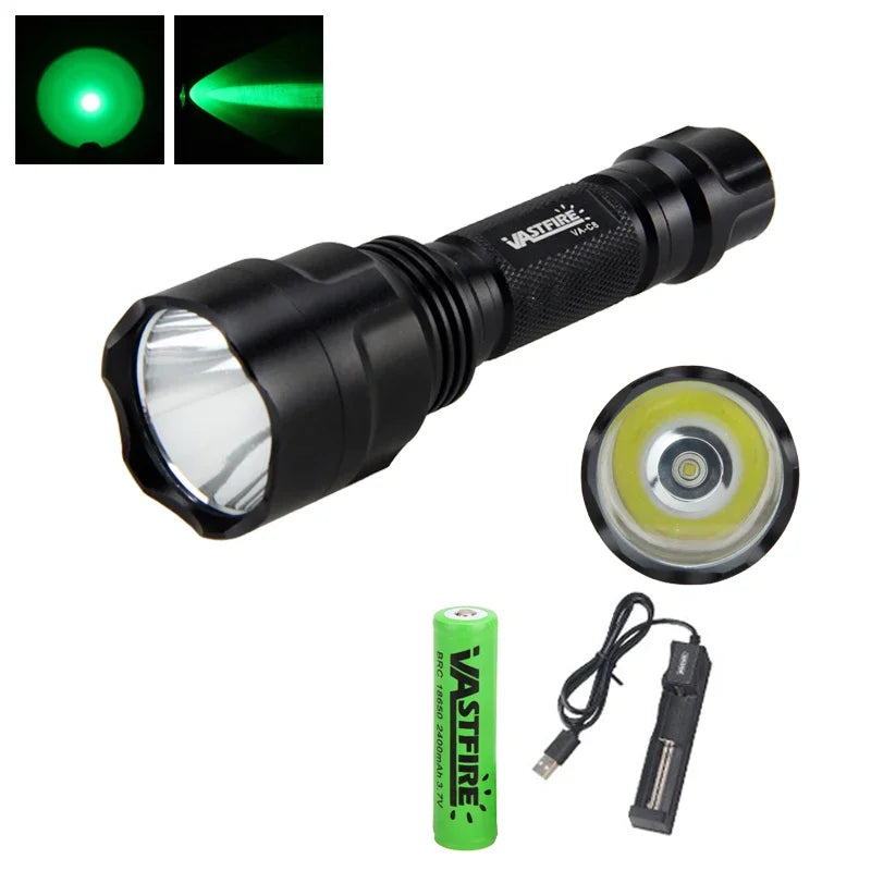 C8 LED Flashlight White/Green/Red Tactical Hunting Rifle Lantern+Pressure Switch+Rail Scope Mount+18650+USB Charger