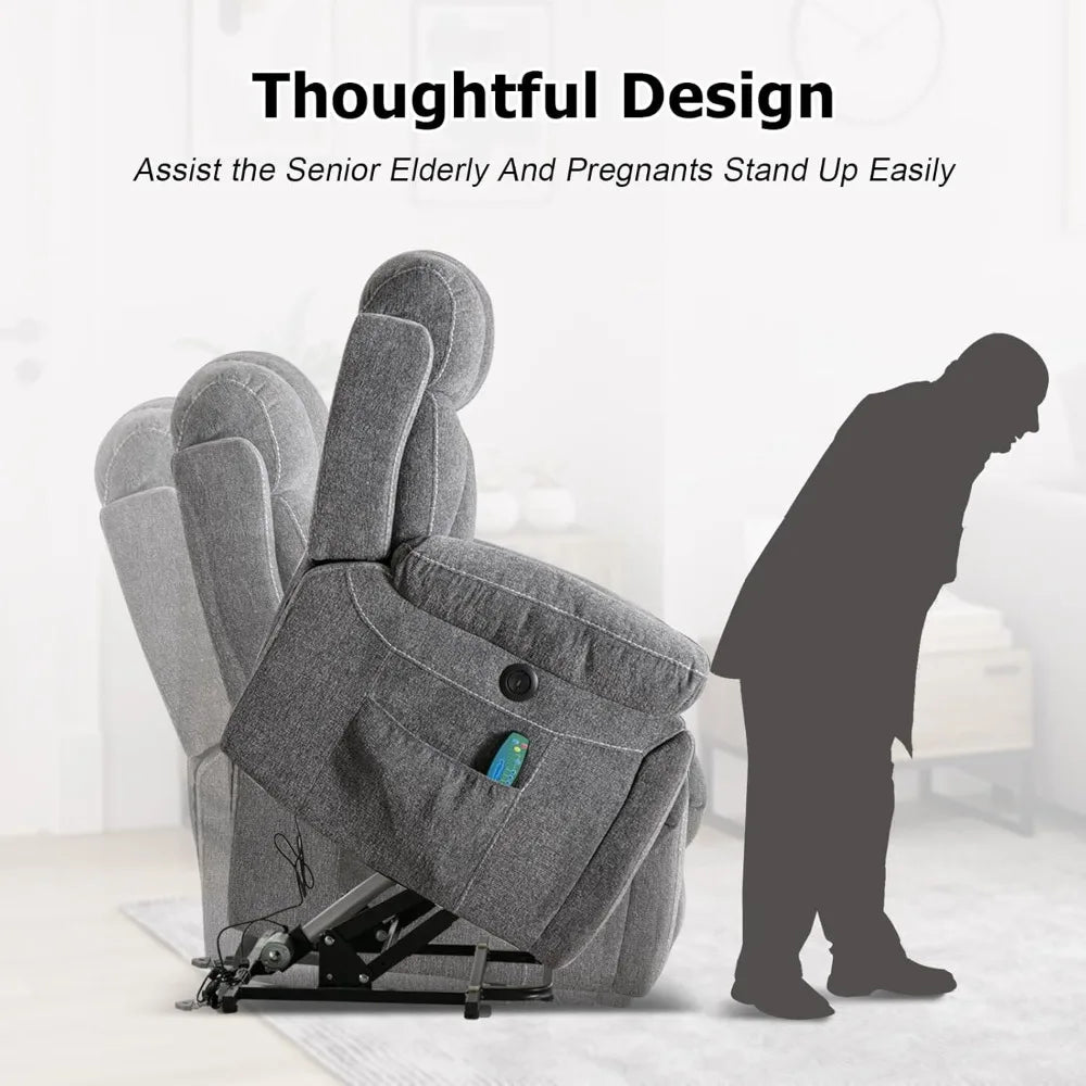 Phoenix Home Large Power Lift Recliner Chair with Massage and Heat for Elderly, Overstuffed Wide Recliners with 2 Cup Holders, S