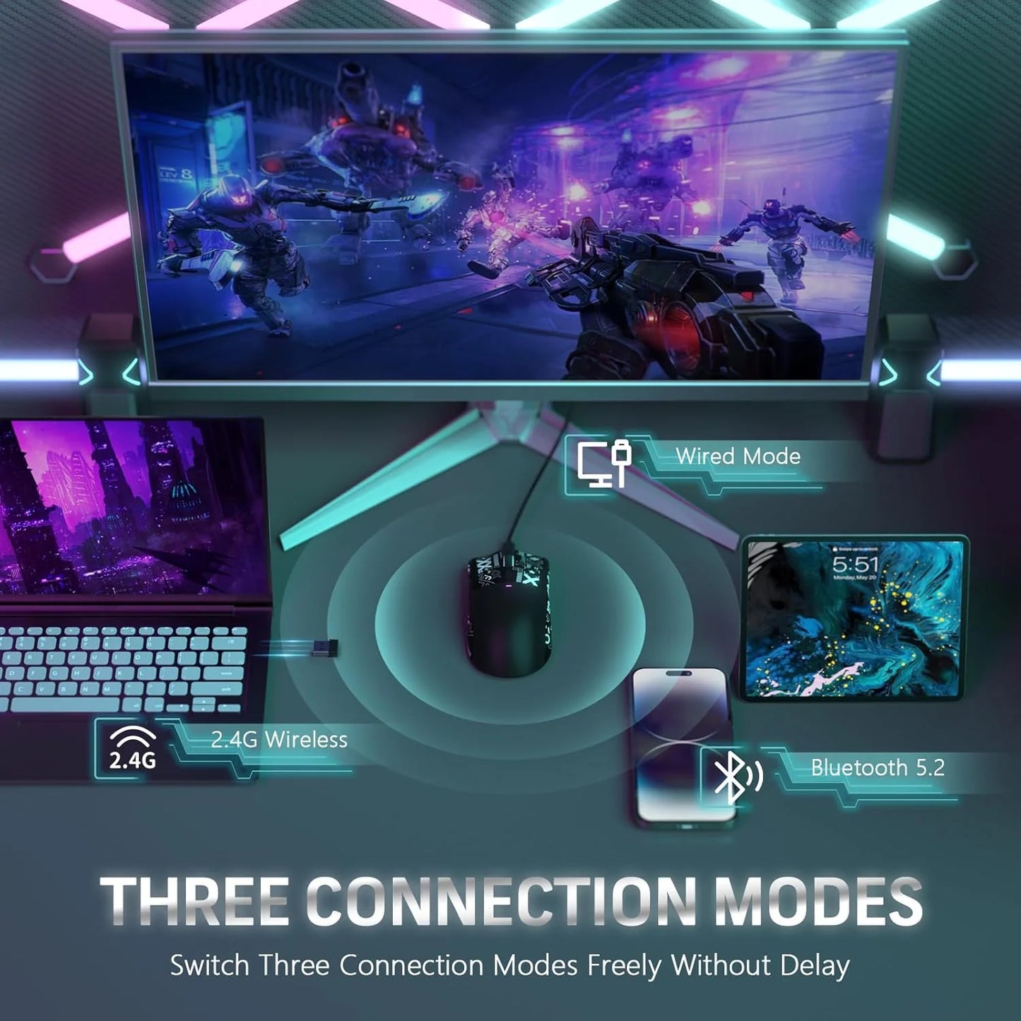 ATTACK SHARK X11 Wireless Gaming Mouse with RGB Magnetic Charging Dock, Wired/2.4G/BT, 22K DPI,Ultralight 59g Tri-Mode with Tape