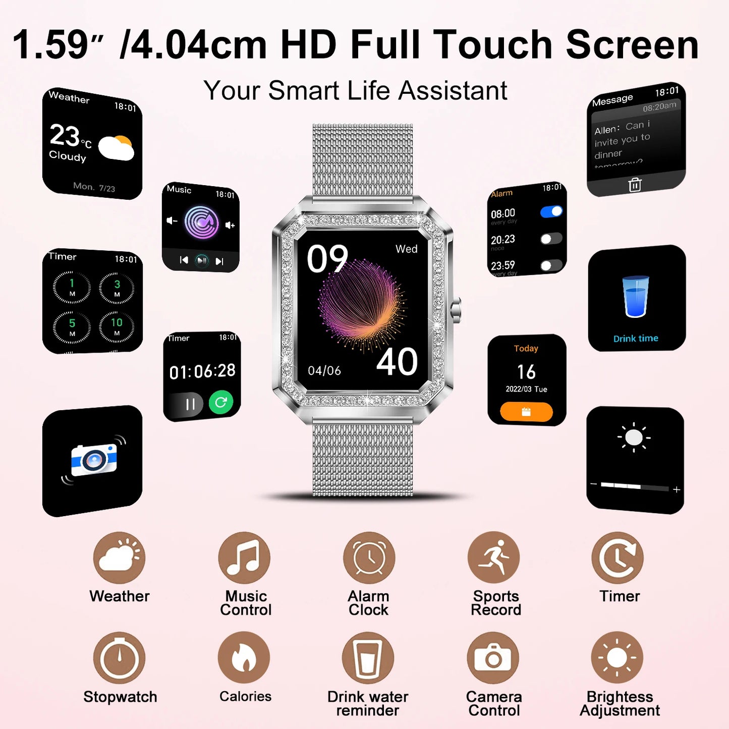 Smart Watch(Answer/Make Call),1.59"Touch Screen Smart Watch with Sports Modes/Voice Assistant/Music Player,Ideal Gift for Women