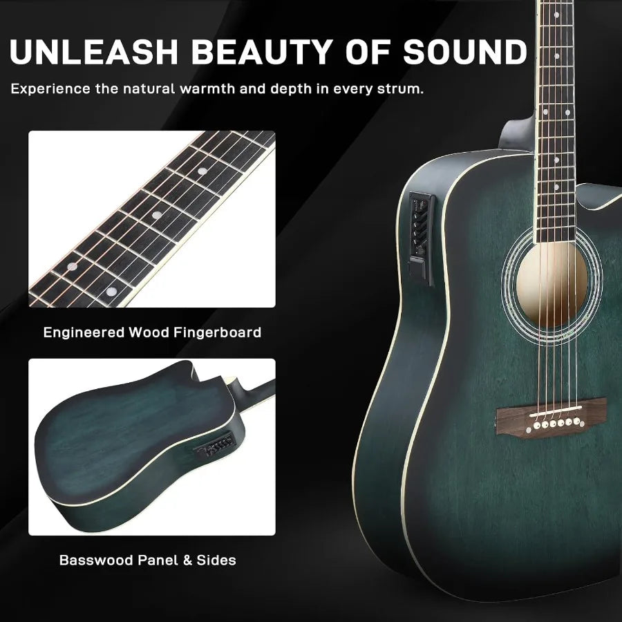 Full-Size Acoustic Electric Guitar with Amp featuring 41 Inch Basswood Body Complete Beginner to Intermediate Guitar Kit with C