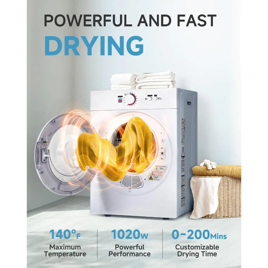 1.8 Cu.Ft Compact Dryer 1020W Portable Clothes Dryer with Stainless Steel Tub Front Load Tumble Four Functions Ideal for Small