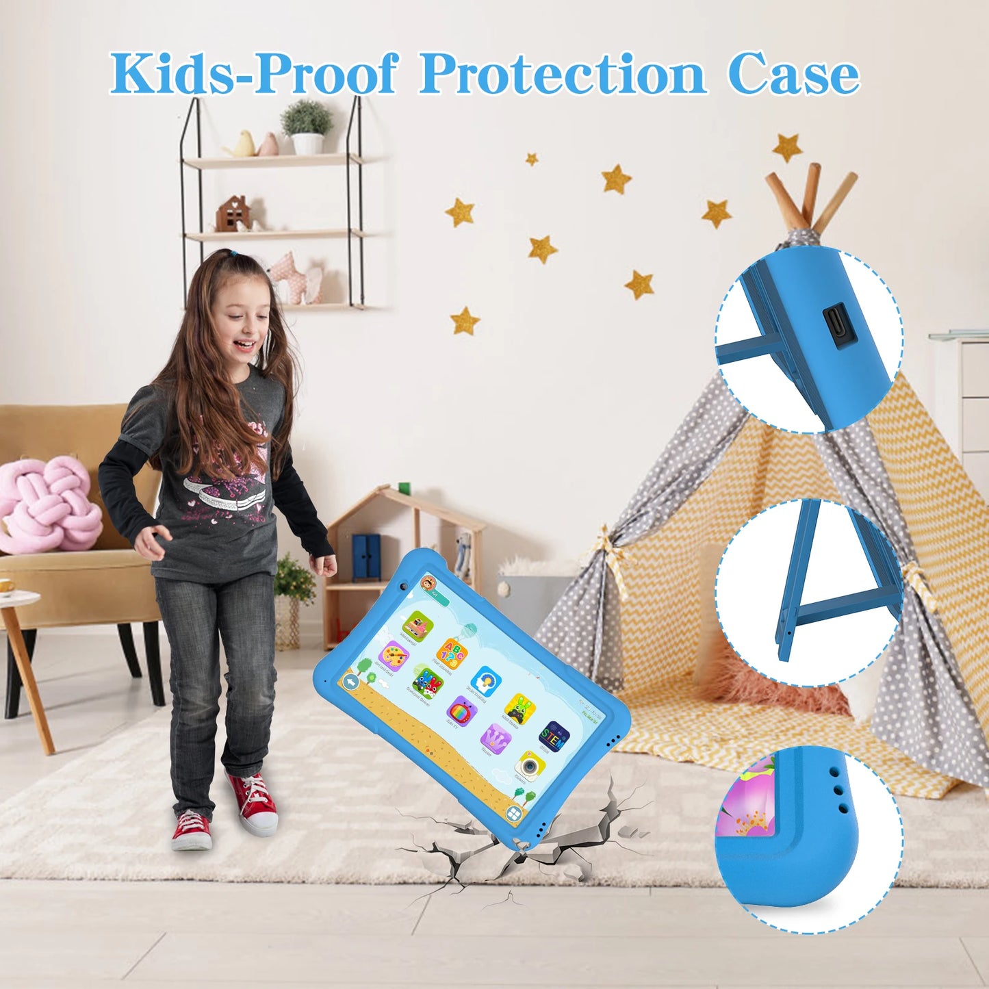 PRITOM 10 inch kids tablet Android 12, 4GB(2+2)+32GB, Quad Core, 6000 mAh, WiFi 6, Dual Camera, Bluetooth, Toddler Tablet