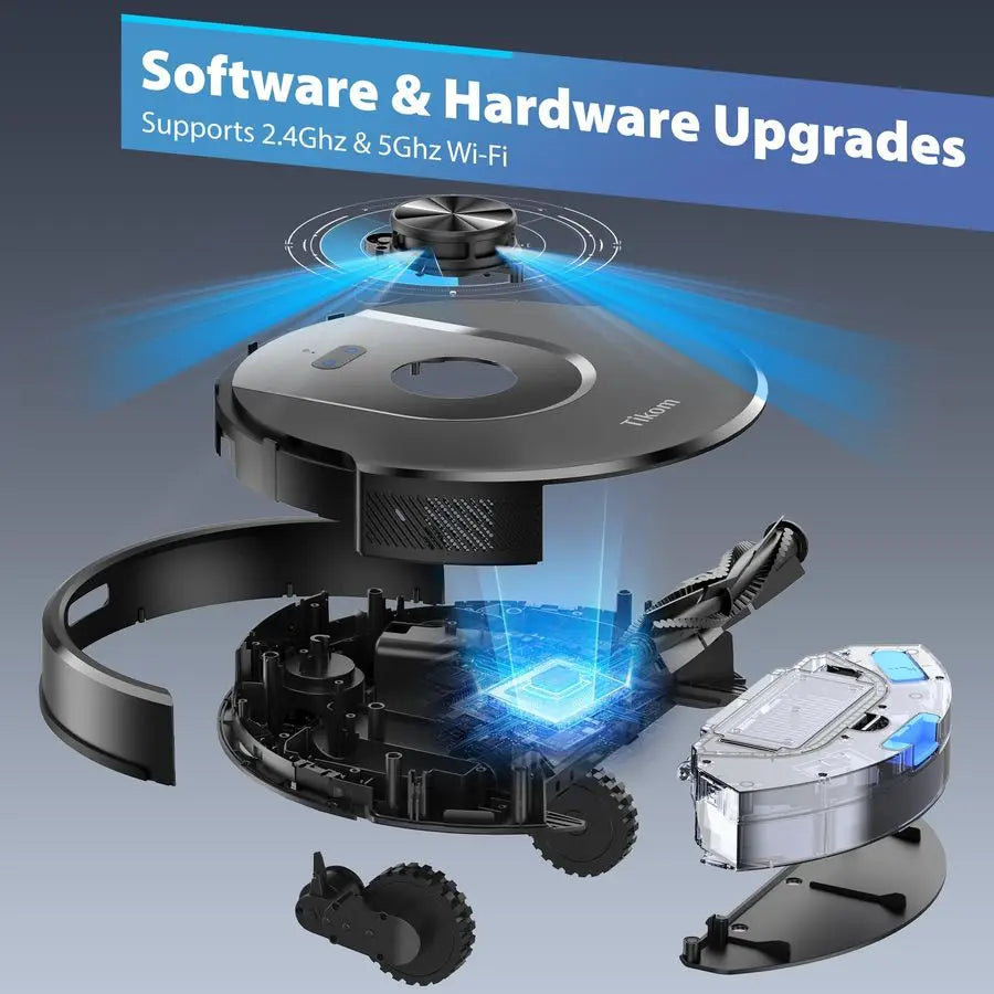 Robot Vacuum and Mop Combo, 6000Pa Automatic Robotic Vacuum Cleaner, Smart Mapping, 150 Min Max, Ideal for Pet Hair, Hardfloors,