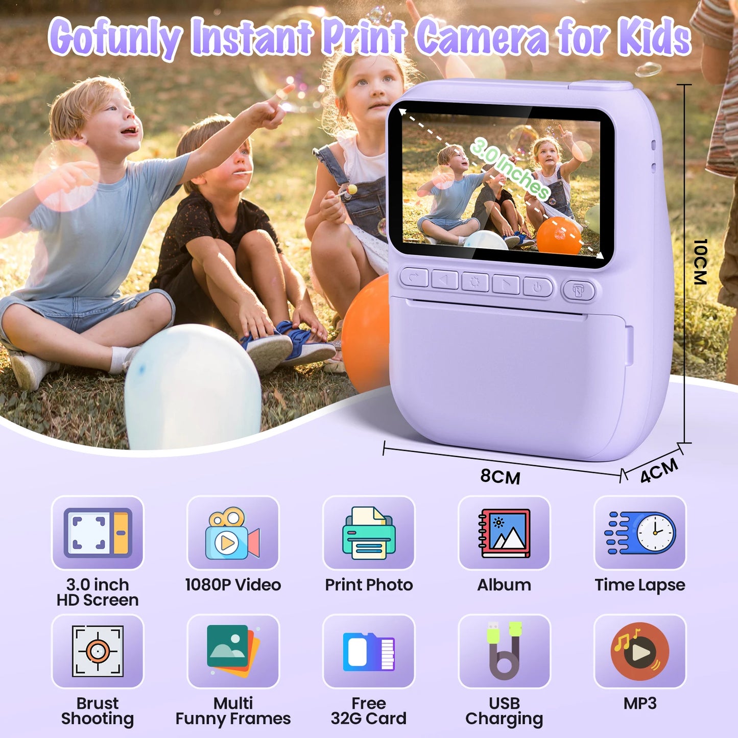 Kids Digital Camera 3.0" Portable Instant Print Camera 32MP HD 1080P Camera Toy Gift For 6-12 Year With 3 Rolls Printer Paper