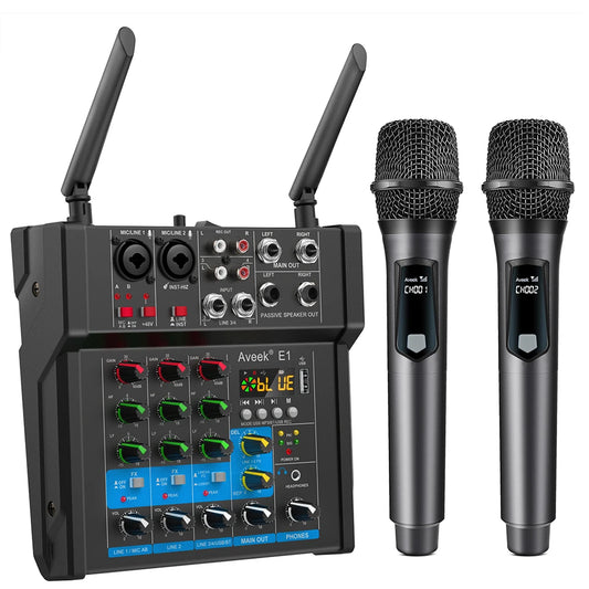 Aveek  Powered Amplifier Audio Mixer,Dual Wireless Mic Sound Board Console Digital USB BluetoothComputer DJ Mixing for Karaoke