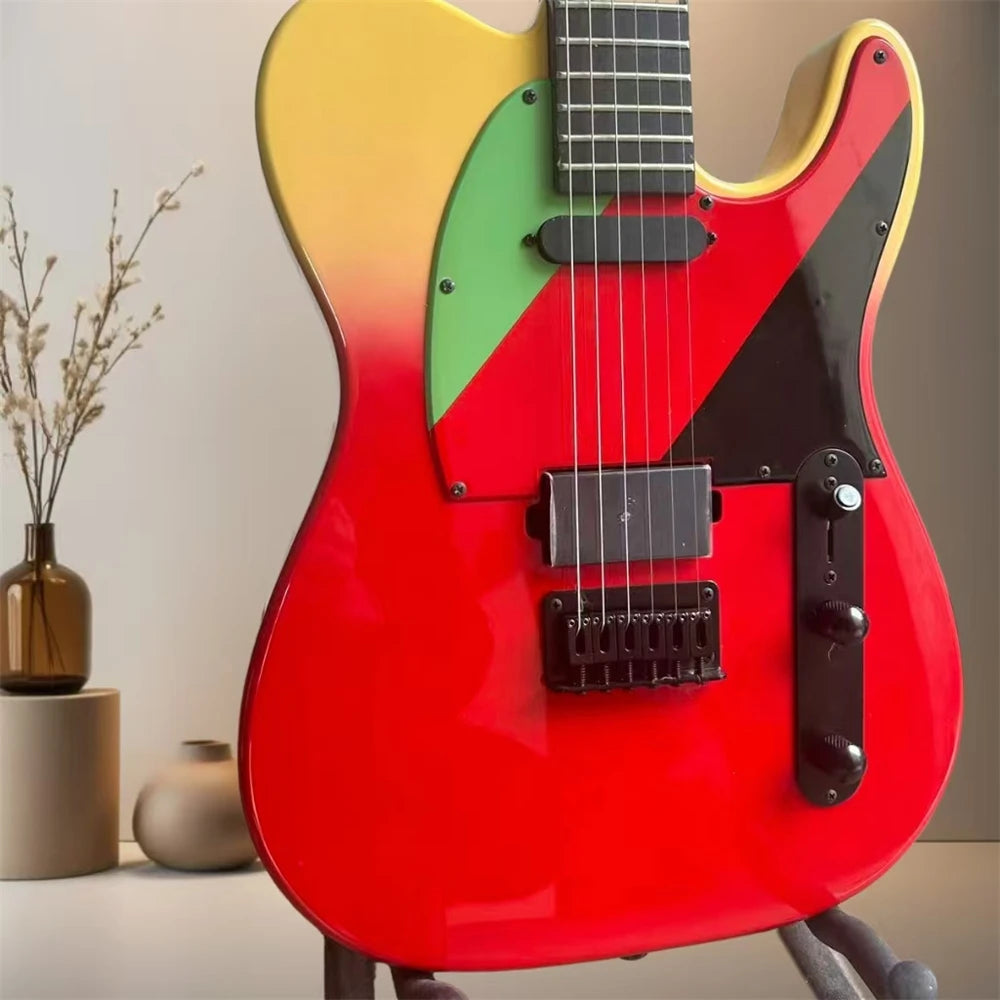 High-quality six-string electric guitar, with a two-tone body, rosewood fretboard, black hardware