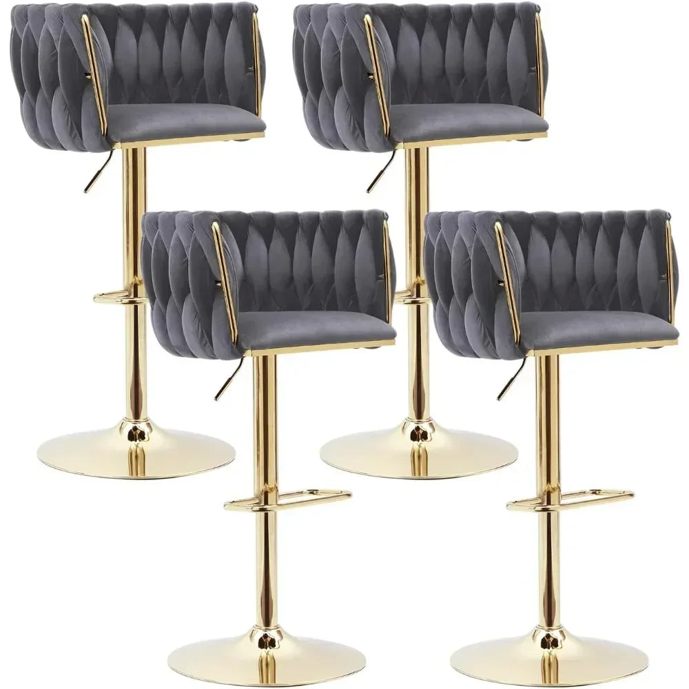 Velvet Bar Stools Set of 4 - Modern Adjustable Swivel Counter Height Chairs with Woven Back, Kitchen Island Chairs