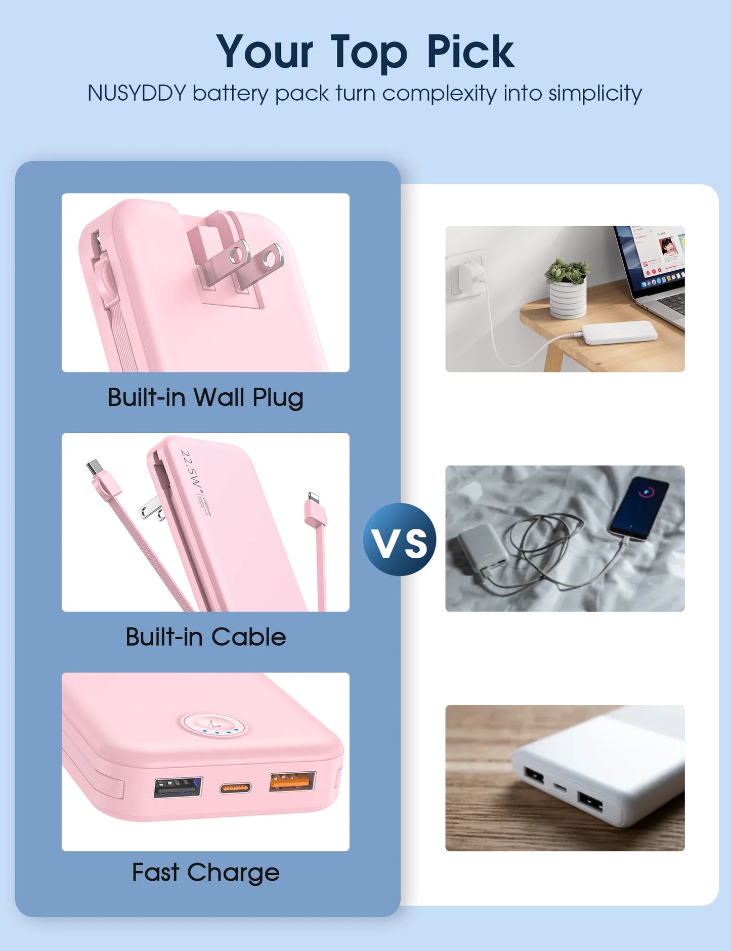 （Pink）Portable 12000mAh AC Wall Charger Power Bank with Built-in Cables,USB-C Fast Charging,Ultra-Slim Design,Travel Essential