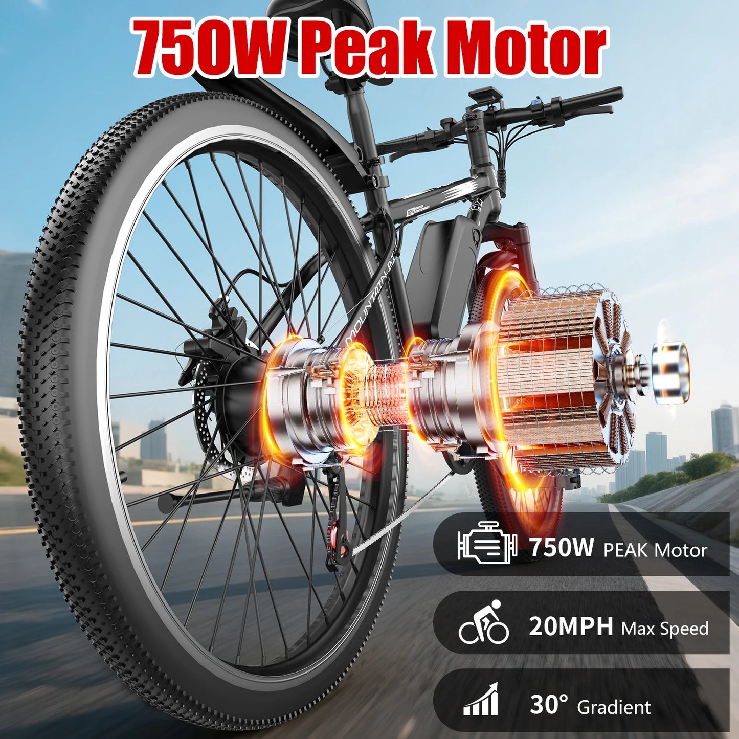 26''Electric Bike,Motorcycle 750W Peak Motor,22MPH 35Miles Electric Mountain Bike, 480Wh Removable Battery, 7-Speed& LCD Display
