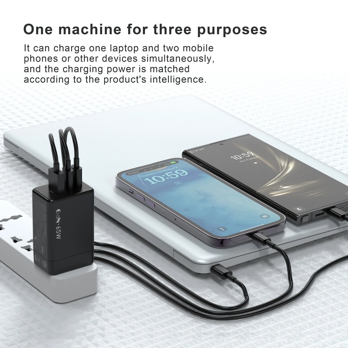 65W USB C Charger 3 Ports Travel GaN Charger With 6.6FT Type-C Cable For IPhone16/15/15 Pro/15 Pro Max/15 Plus, Ipad, Laptop