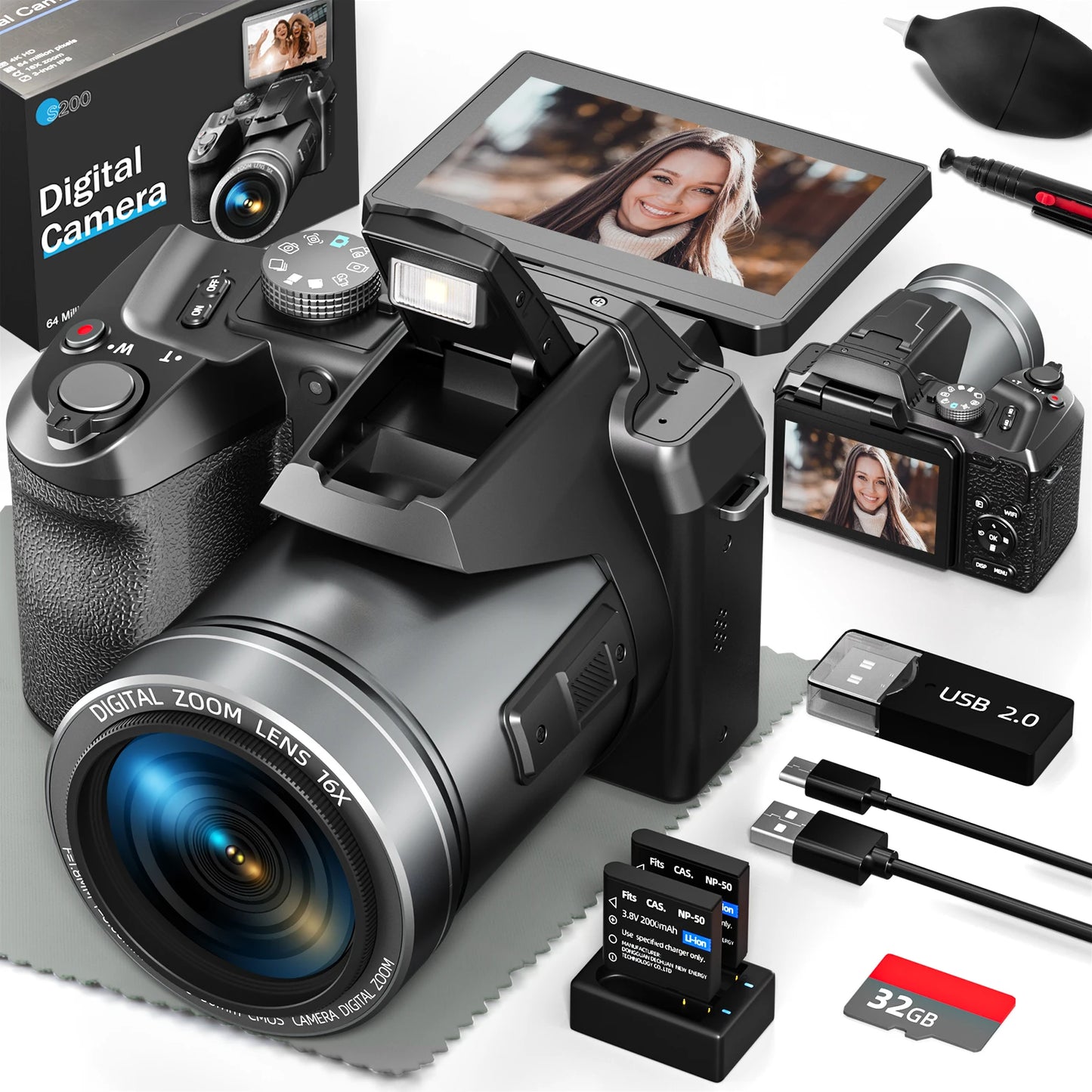 NBD 64MP Digital Camera for Photography, 4K Vlogging Camera with 3’’ Flip Screen,16X Digital Zoom,2 Batteries, 32GB TF Card