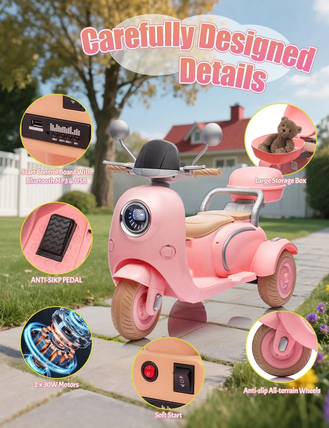 12V Kids Electric Motorcycle Electric Bike for Toddler 3-6 3 Wheels Ride On Scooter with USB,Bluetooth,Lights 2 Seats Dual Motor