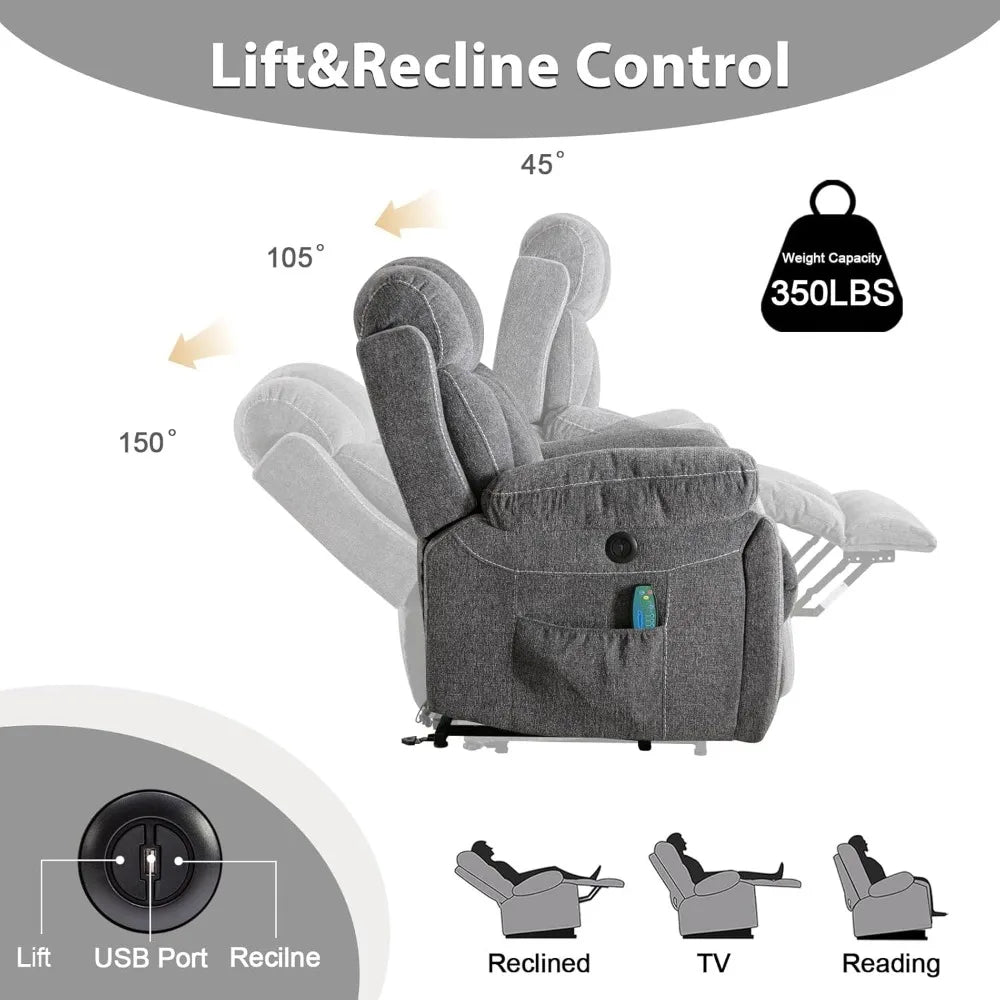 Phoenix Home Large Power Lift Recliner Chair with Massage and Heat for Elderly, Overstuffed Wide Recliners with 2 Cup Holders, S