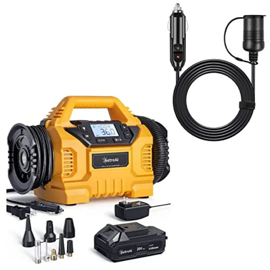 Portable Air Compressor Tire Inflator with 12Ft 12V Cigarette Lighter Extension Cord for Car Black High-Pressure Fast Inflation